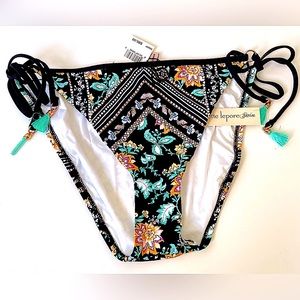NWT 12 Nanette Lepore Diamond vine vamp black aqua tassels string bikini black